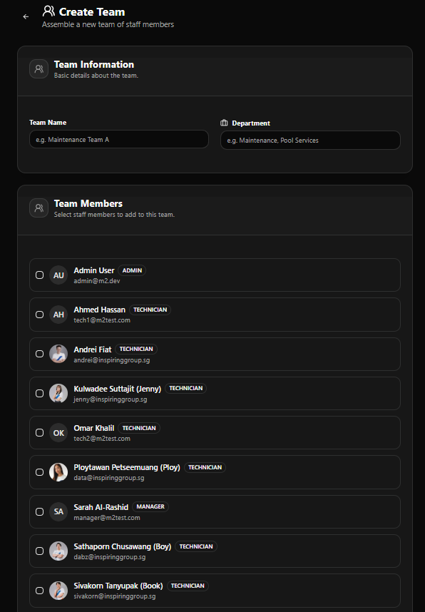 M2 Staff create team modal