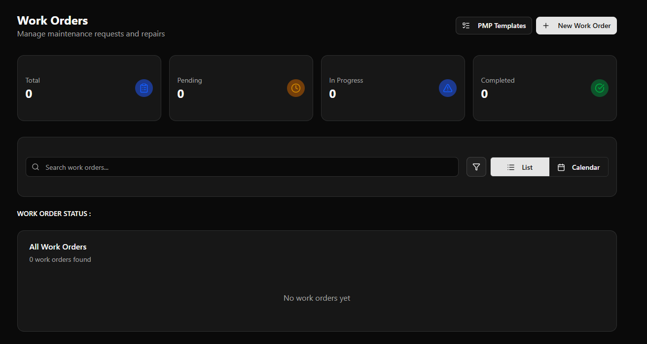 M2 Work Orders main page