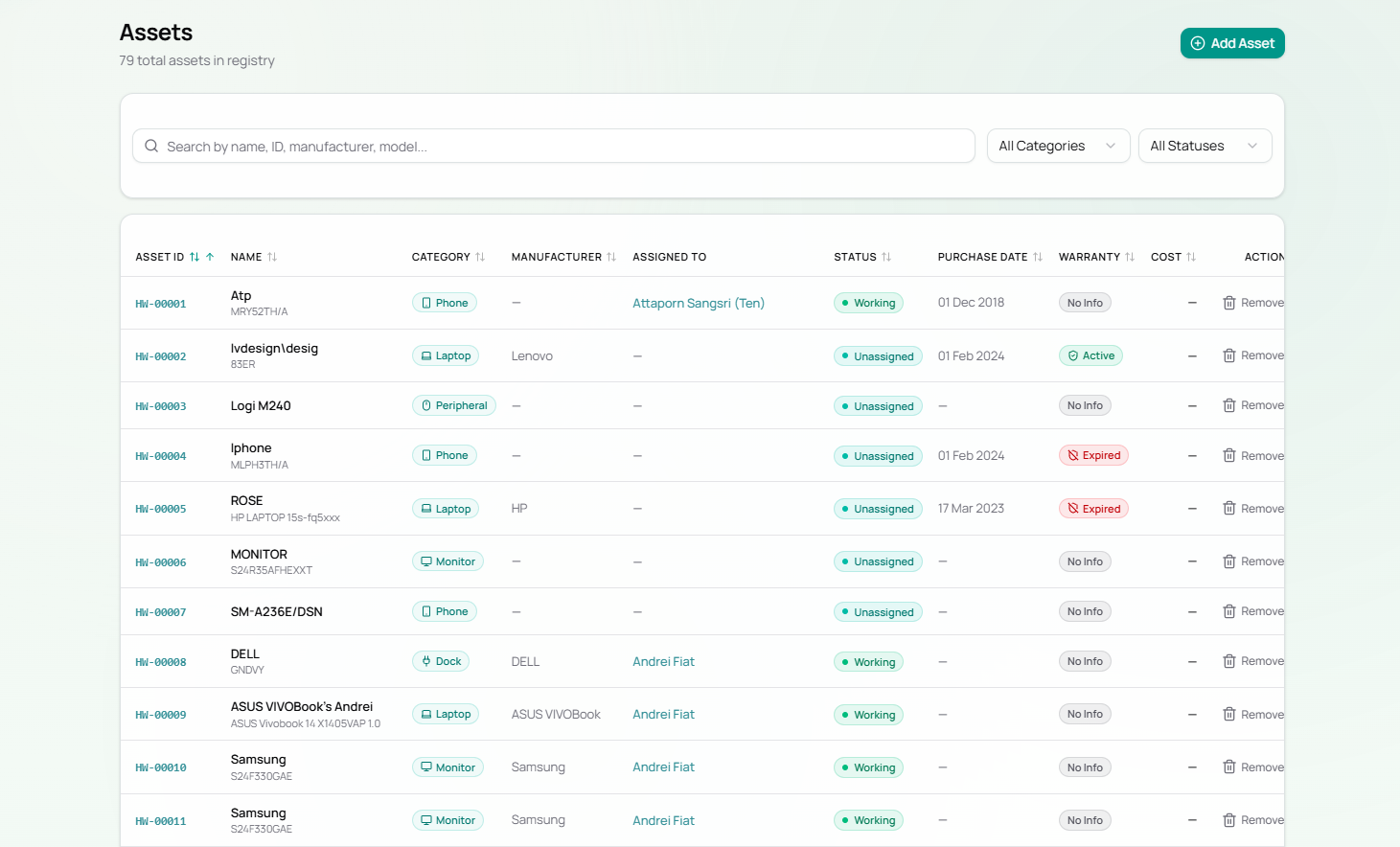 M7 Equipment Registry showing all assets with status and warranty columns