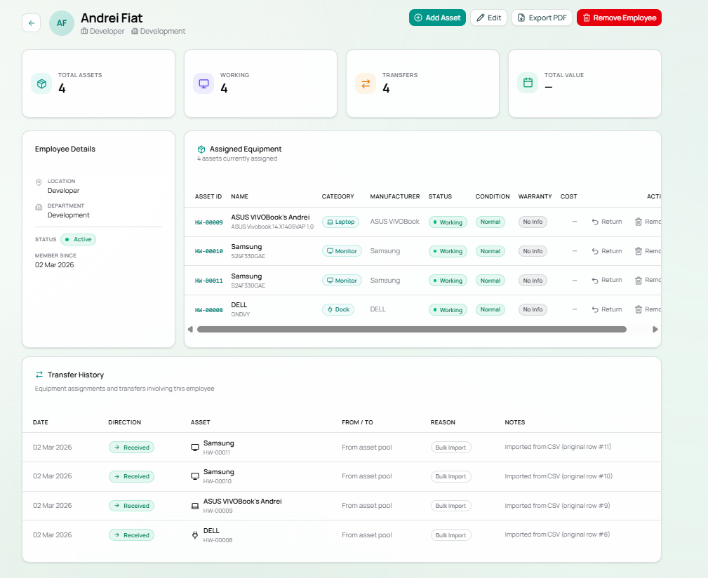 M7 Employee profile page showing assigned equipment and transfer history